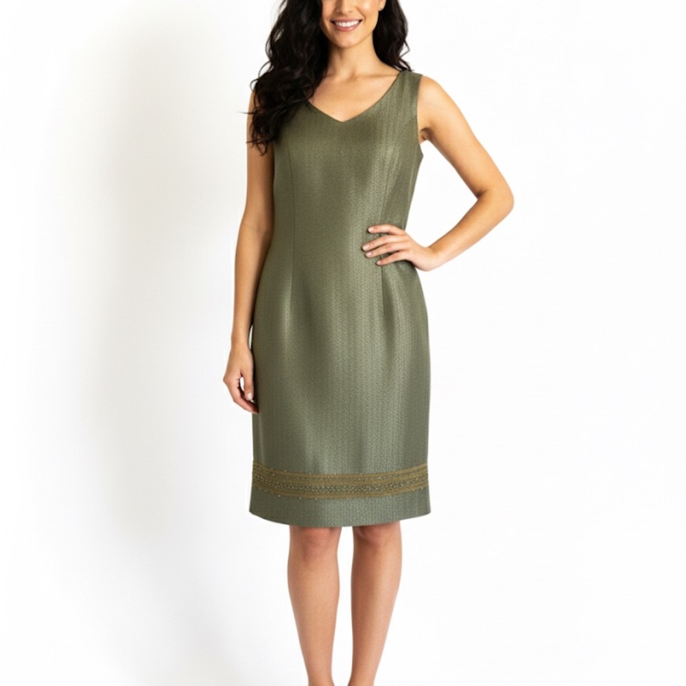 Elegant Heavy Linen with Gold Thread Olive Bergamo by EBI Green Sleeveless Dress
